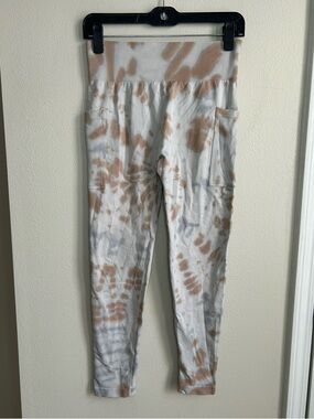 Tie Dye Grey Cream Athletic Casual Leggings Elastic High Waist Side Pockets Sz M